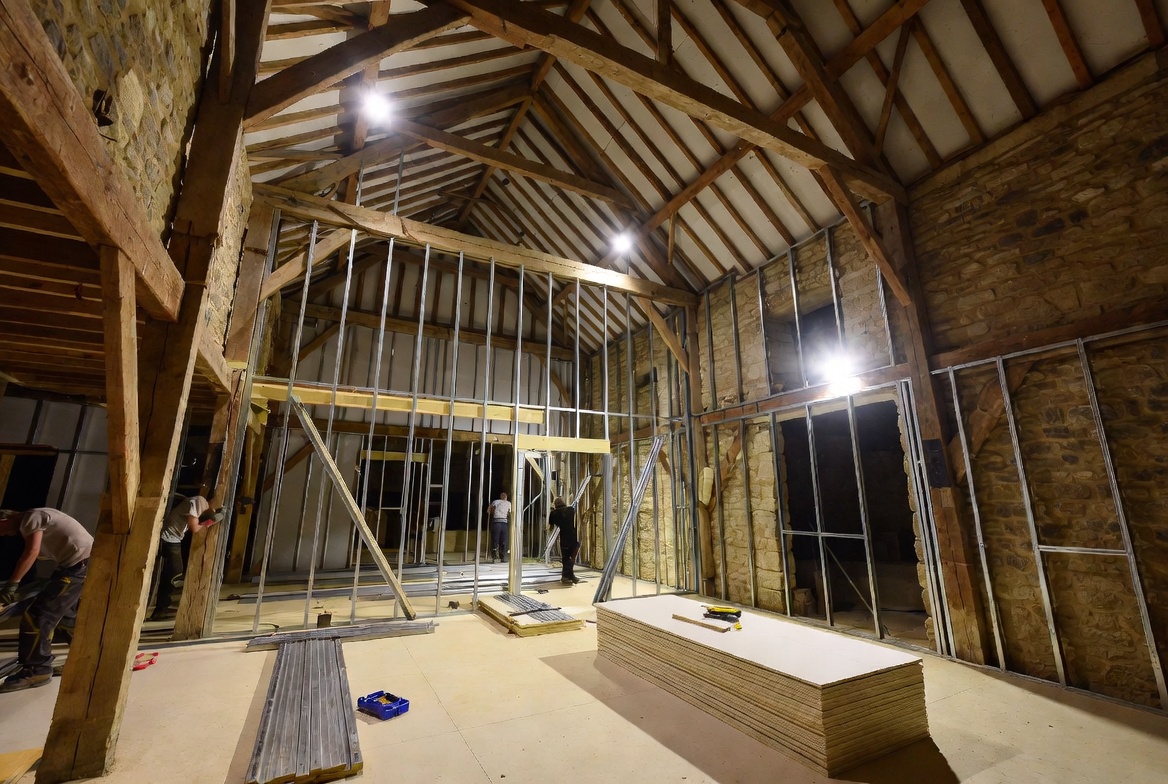 Metal stud drylining in progress